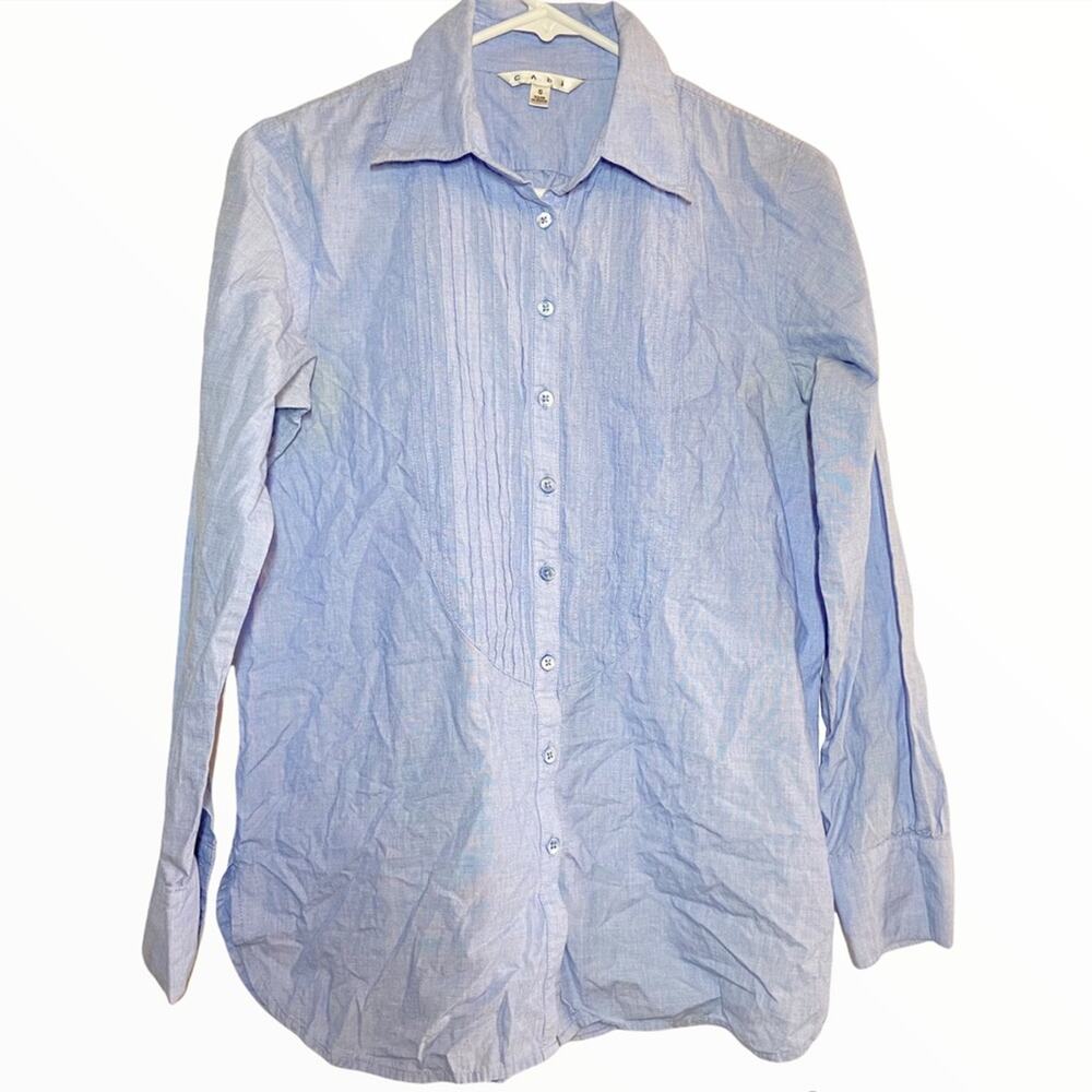 Cabi Pin Tuck Button Up Chambray Pleated Bib Collared Long Sleeve Blue Small